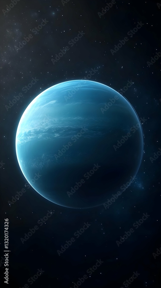 Digital illustration of a serene, icy exoplanet floats serenely in a dark expanse of space, speckled with distant stars. Digital illustration of a serene, icy exoplanet floats serenely in a dark expanse of space, speckled with distant stars.