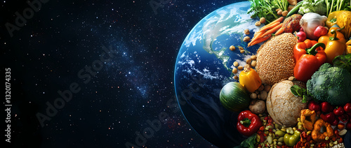 World of Nutrition: An evocative photorealistic depiction of a planet Earth intertwined with an abundance of fresh, colorful, and diverse vegetables and fruits.