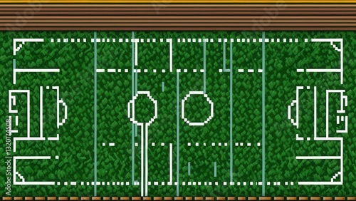  a vibrant pixelated soccer field design in a top-down view