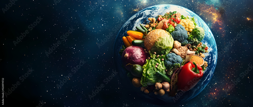 Fototapeta premium Earthly Feast: The globe transformed into a colorful culinary landscape, a vibrant display of healthy food against the backdrop of the cosmos.
