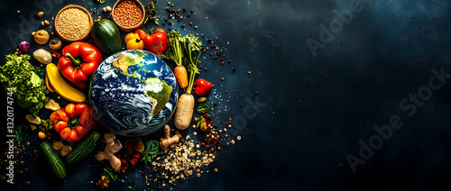 A Culinary Planet: A vibrant display of fresh produce surrounds a globe, showcasing a global perspective on health, wellness, and the importance of nourishment.