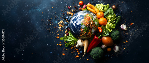Nourishing the World: A visually striking composition blending the Earth with an array of fresh produce, symbolizing global well-being, and the essential connection between nutrition and the planet.