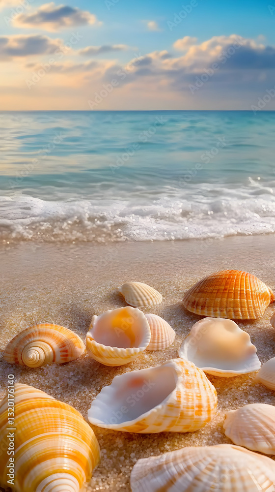 Seashells Resting on Sandy Beach at Sunrise, Ocean Waves Gently Lap the Shore, Summer Vacation Idyll Seashells Resting on Sandy Beach at Sunrise, Ocean Waves Gently Lap the Shore, Summer Vacation Idyll