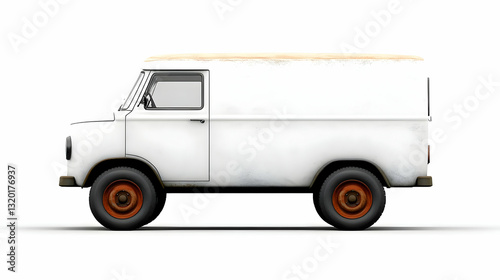 3D Render of a Vintage White Panel Van with Rusty Wheels, Isolated on White Background