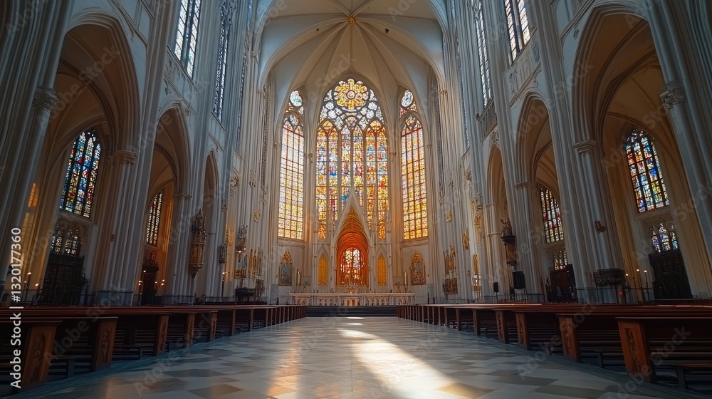 Magnificent cathedral interior showing stained glass and architectural details Magnificent cathedral interior showing stained glass and architectural details
