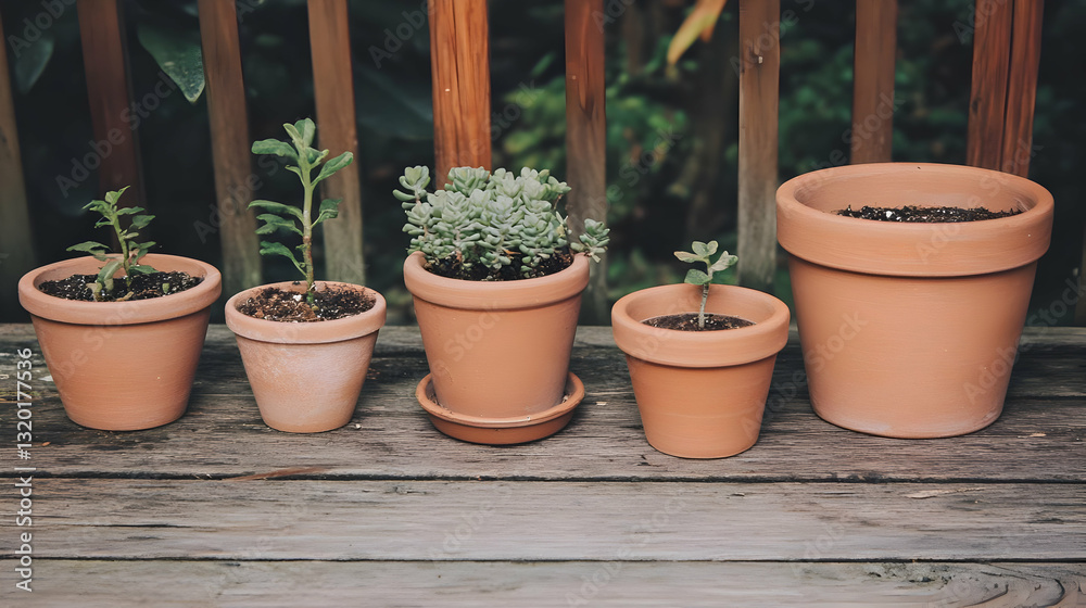 Terracotta Pots Displaying Succulents and Small Plants on Wooden Deck Terracotta Pots Displaying Succulents and Small Plants on Wooden Deck