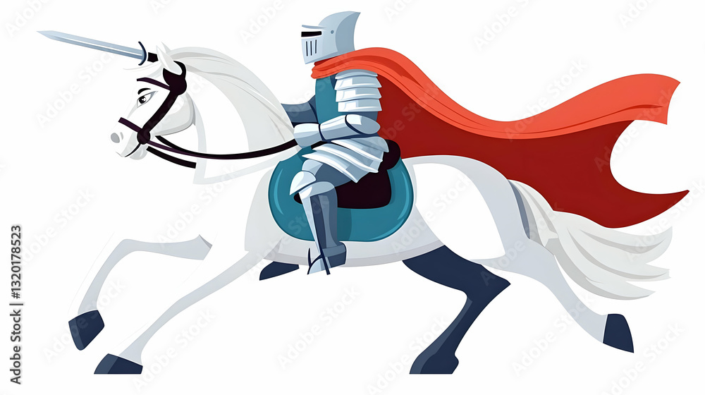 Fototapeta premium A knight in shining armor rides a majestic unicorn, wielding a sword, his red cape flowing behind him in a heroic illustration.