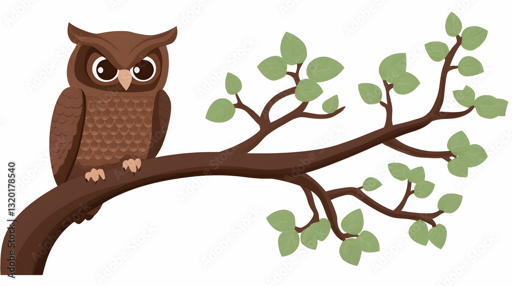 Fototapeta premium Cartoon Owl Perched on a Branch with Green Leaves Illustration