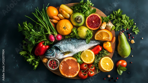 Healthy Diet Spread: A vibrant composition of fresh fruit, vegetables, herbs, and a single fish. A visual delight, this image is a celebration of nourishment, healthy eating.