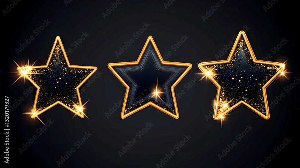 Fototapeta premium Three Glittering Gold-Framed Stars Shine on Black Background, Sparkling Festive Design