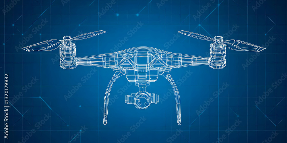 Obraz premium Drone Blueprint: A 3D Wireframe Model of an Unmanned Aerial Vehicle with Integrated Camera, Displayed on a Technical Grid Background.