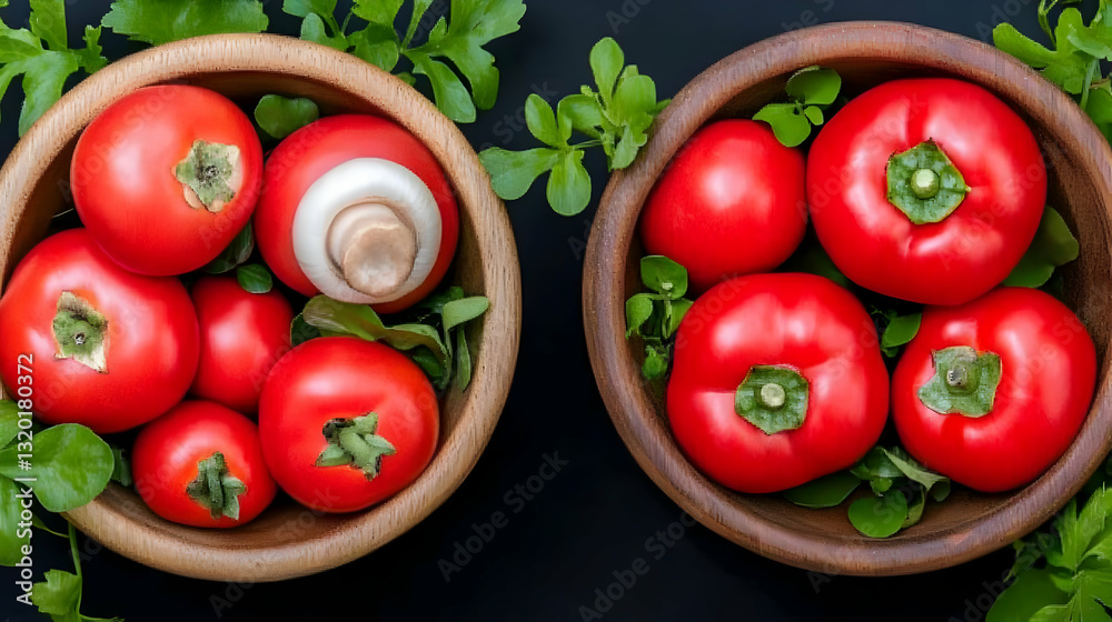 Vibrant Red Tomatoes and Mushroom in Wooden Bowls with Green Garnish, a Still Life Food Photography Image Vibrant Red Tomatoes and Mushroom in Wooden Bowls with Green Garnish, a Still Life Food Photography Image