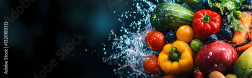 Fresh Harvest Splash: A vibrant medley of colorful vegetables and fruits bursts forth, splashed with refreshing water droplets, representing the essence of health and vitality.