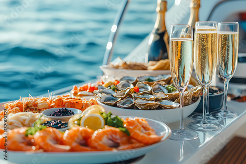 Seafood Delight on the Open Water: A decadent spread of fresh seafood, including oysters, shrimp, and caviar,  glistens invitingly on a table set against the backdrop of the sparkling ocean.