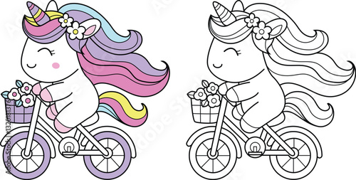 Colorful fantasy unicorn Riding a Bicycle soft and sweet colors – ideal for kid, color page, stickers and decorative Elements.vector illustration