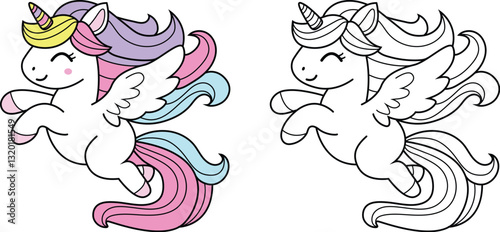 Colorful fantasy unicorn with balloon soft and sweet colors – ideal for kid, color page, stickers and decorative Elements.vector illustration