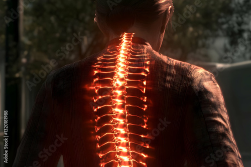 3D Render of Glowing Spinal Column on Woman's Back in Dark City Setting
