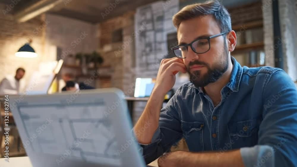 Architect working on laptop in modern office, creating floor plan, possible use for interior design or architecture firms Architect working on laptop in modern office, creating floor plan, possible use for interior design or architecture firms