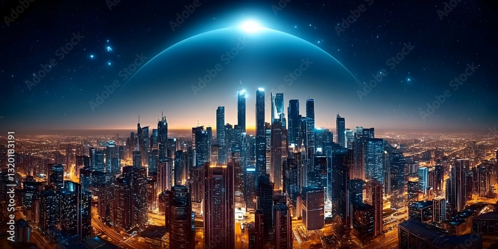 Obraz premium Futuristic Cityscape at Night Underneath a Glowing Celestial Dome, Digital Art Background