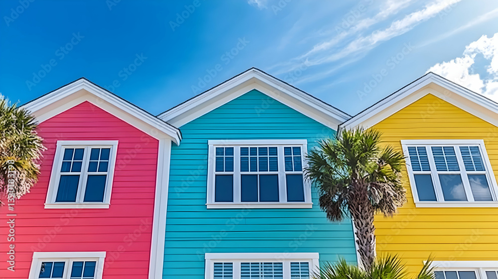 Vibrant Colorful Houses with White Windows against a Sunny Sky Vibrant Colorful Houses with White Windows against a Sunny Sky