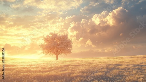 Golden field bathed in sunlight, framed by a solitary tree. Sunlight filters through cloud-dotted skies, casting a radiant, amber glow across the landscape