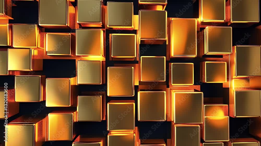 Abstract geometric gold cubes arranged in a repeating pattern with glowing highlights against a dark background creating a luxurious modern design with metallic texture and 3D rendering