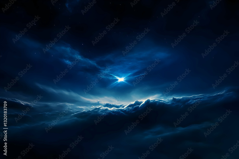 Fototapeta premium Digital Painting of a Star Shining Brightly Above Dark Clouds and Stars in a Deep Blue Night Sky
