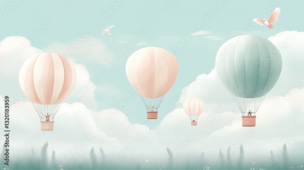 Fototapeta Soaring Dreams: Pastel hot air balloons float serenely amidst fluffy clouds and gentle breezes, with birds. This is a whimsical image capturing a sense of freedom and tranquility.