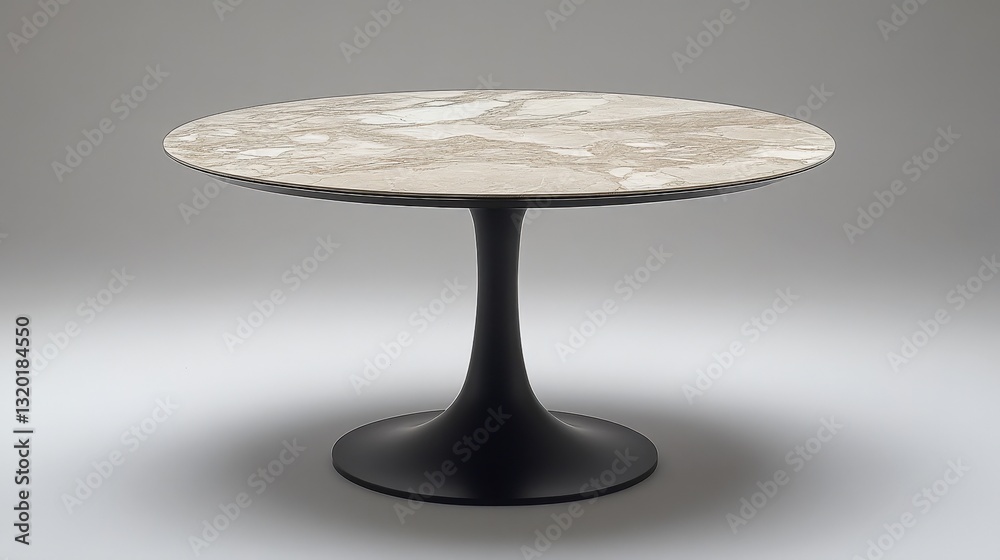 A round table featuring a sleek black base supports a smooth white marble top. Its glossy surface boasts an elegant light gray and white pattern, inviting elegance and style into any space A round table featuring a sleek black base supports a smooth white marble top. Its glossy surface boasts an elegant light gray and white pattern, inviting elegance and style into any space