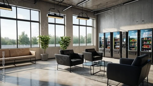 Bright and Spacious Modern Office Break Room with Comfortable Seating, Vending Machines, Natural Light, and Inviting Contemporary Interior Design for Employee Relaxation
