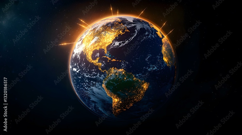 Obraz premium A nighttime view of planet Earth from space, showing city lights illuminating the continents of North and South America, surrounded by the darkness of space and glowing streaks of light.