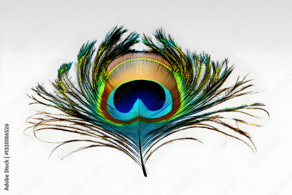 Fototapeta premium Vibrant Peacock Feather Displays Iridescent Colors Against White Background, Detailed Close-up Shot.
