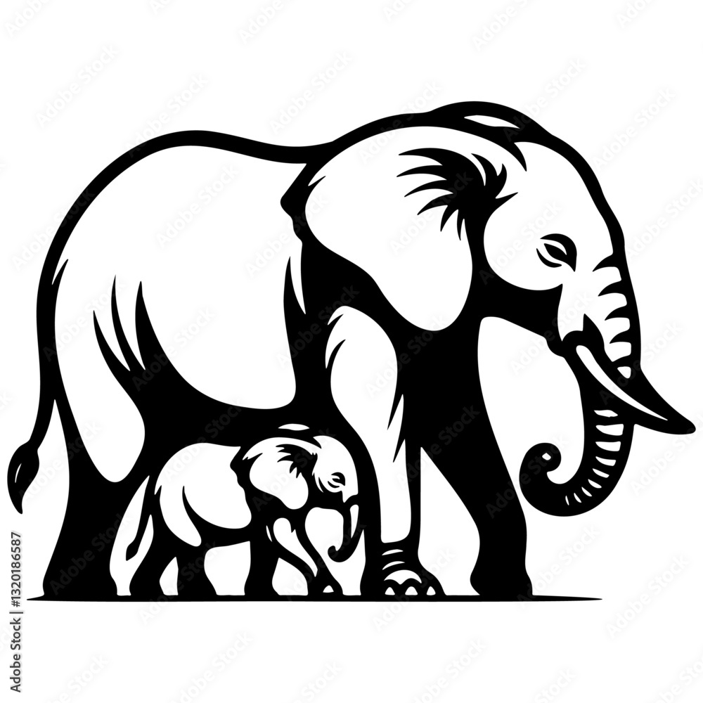 Fototapeta premium Elephant Mother and Baby Sketch Drawing.