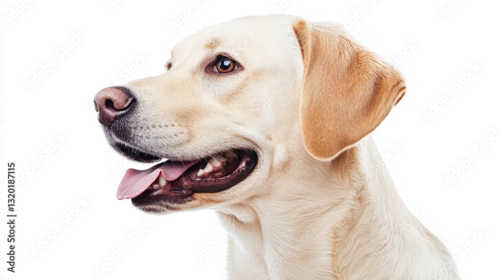 A charming yellow Labrador Retriever gazes leftward, head slightly tilted, revealing expressive eyes and a soft coat in a captivating close-up A charming yellow Labrador Retriever gazes leftward, head slightly tilted, revealing expressive eyes and a soft coat in a captivating close-up