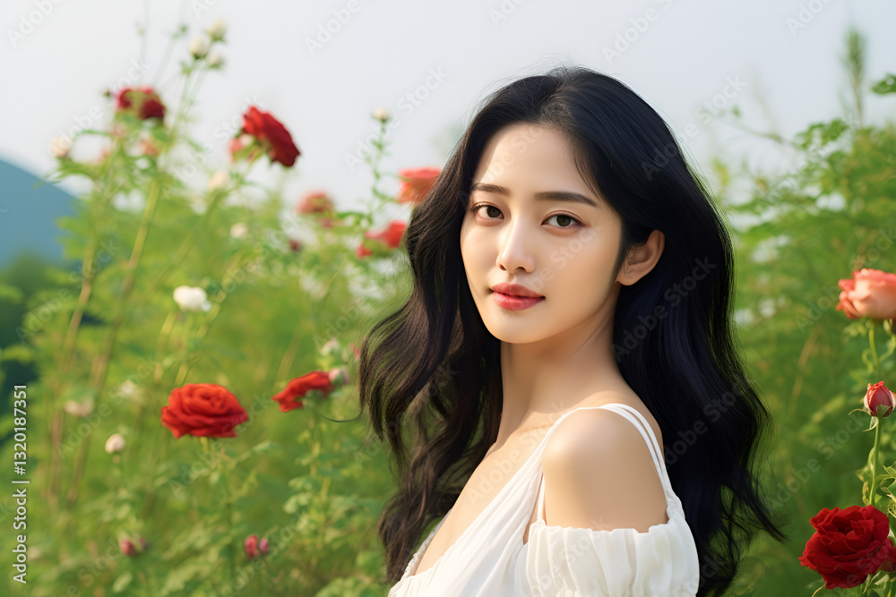 Naklejka premium Portrait of beautiful young brunette woman Beautiful young asian woman with clean fresh skin on white background, Face care, Facial treatment, Cosmetology, beauty and spa, Asian women portrait