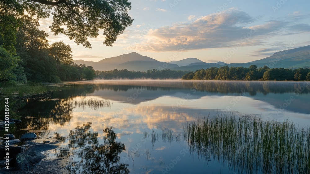 Fototapeta premium Beautiful lake at sunrise with reflection of mountains and trees