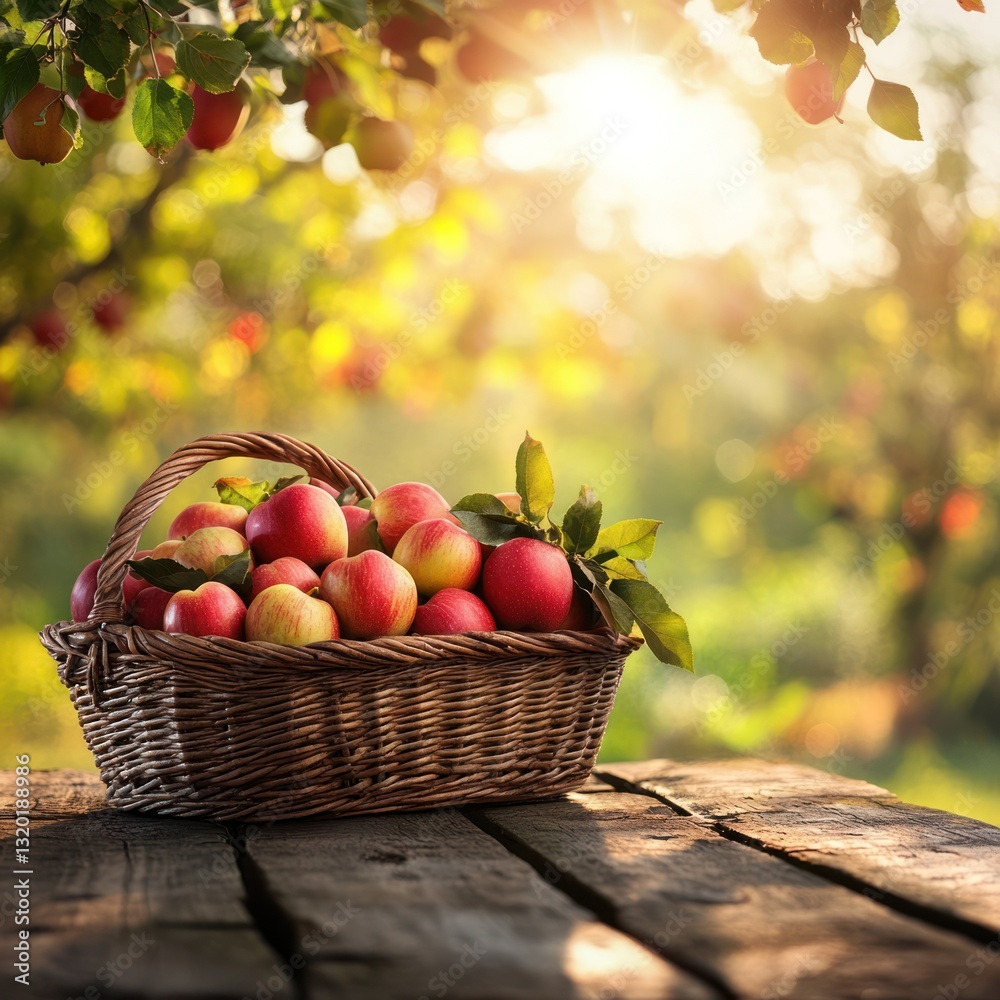 Basket of apples in an orchard at sunset Basket of apples in an orchard at sunset