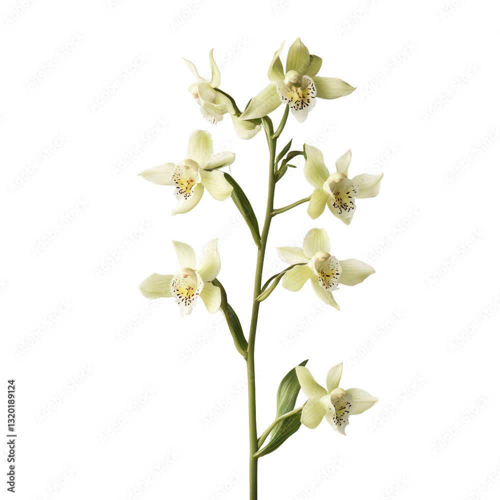 Obraz premium Elegant Orchid Display: A captivating macro shot showcases a delicate orchid stem, its creamy petals and intricate details highlighted against a clean backdrop. 