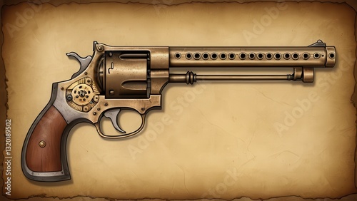 a vintage-inspired steampunk revolver resting on an aged parchment