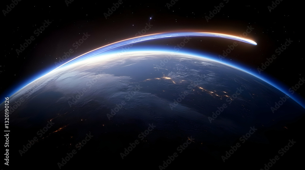 Fototapeta premium A Digital 3D Illustration of Earth's Atmosphere Shows a Glowing Arc of Light Above the Planet at Night, Viewed from Space, with City Lights Visible Below.
