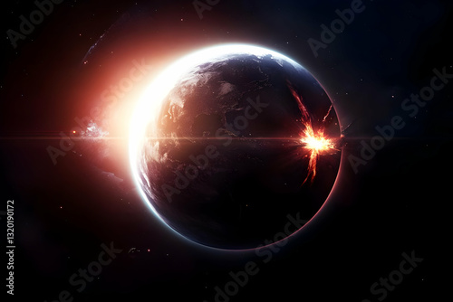 Wallpaper Mural Fiery Cosmic Impact: A 3D Render of a Planet Undergoing Catastrophic Collision in Space, Illuminated by a Radiant Sunrise Torontodigital.ca