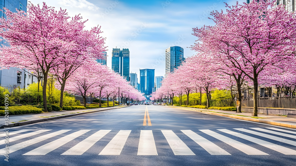 Sakura Season in Seoul: Street Scene with a Zebra Crossing