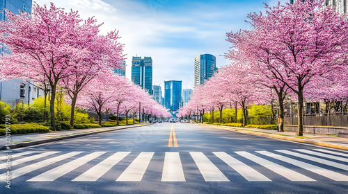 Obraz na płótnie Sakura Season in Seoul: Street Scene with a Zebra Crossing w salonie