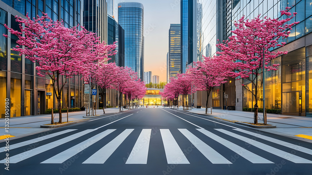 Urban Spring Charm: Zebra Crossing Amid Cherry Blossoms
