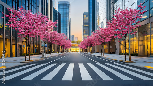 Obraz na płótnie Urban Spring Charm: Zebra Crossing Amid Cherry Blossoms w salonie