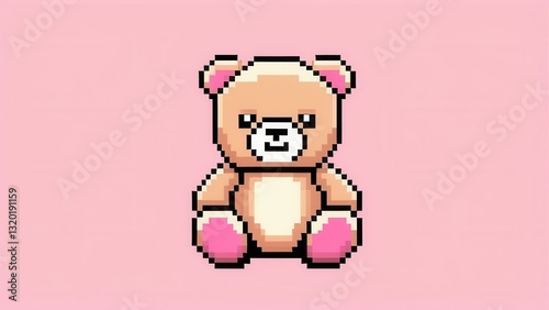  a charming pixel art teddy bear on a soft pink background