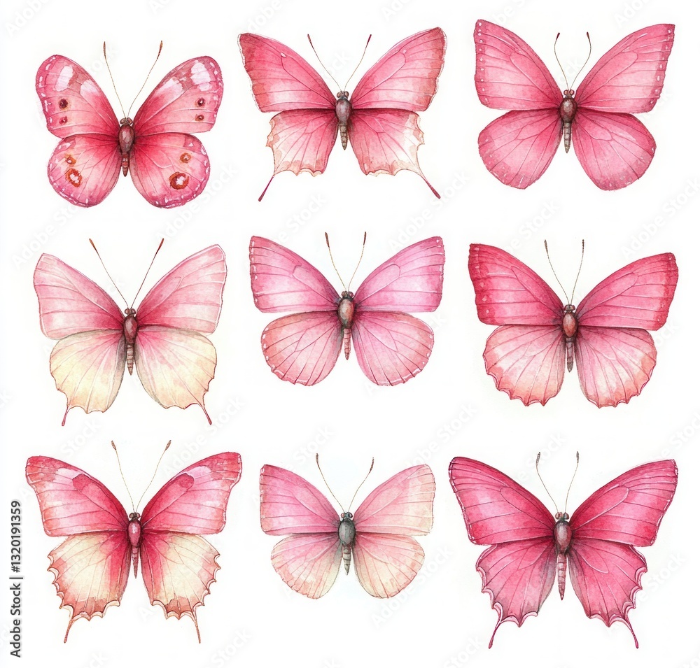 Obraz premium pink butterflies watercolor illustration delicate airy design greeting card clip art nature decor