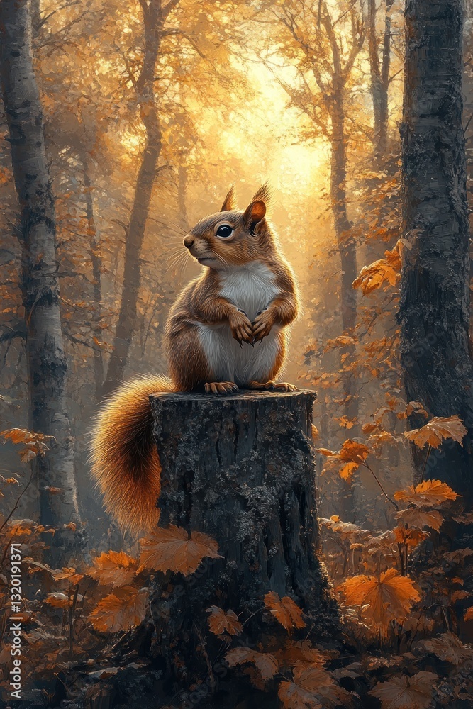 Fototapeta premium squirrel sitting on tree stump in autumn forest with golden leaves under sunlight