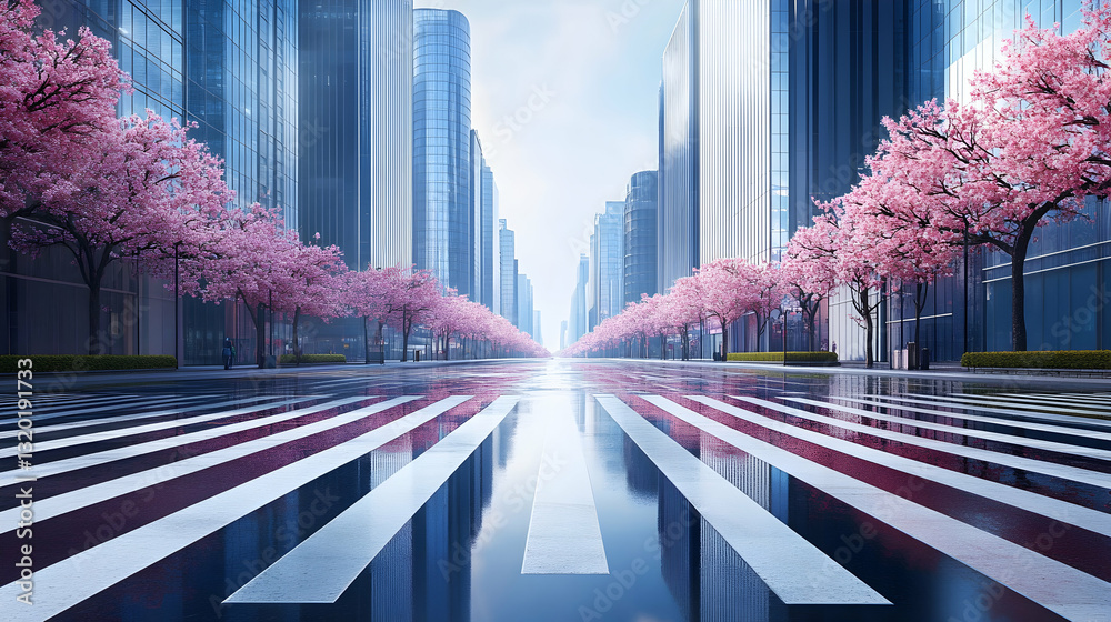 Springtime Stroll: Cherry Blossoms and a Crosswalk in Seoul