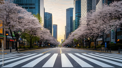 Obraz na płótnie Springtime Stroll: Cherry Blossoms and a Crosswalk in Seoul w salonie